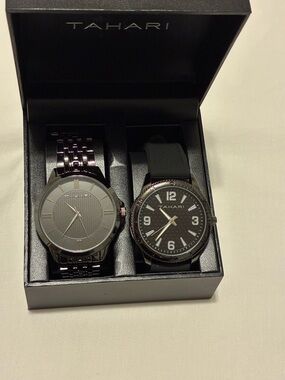 Tahari Men's Black Twin Watch Set with Metal Link and Rubber Strap